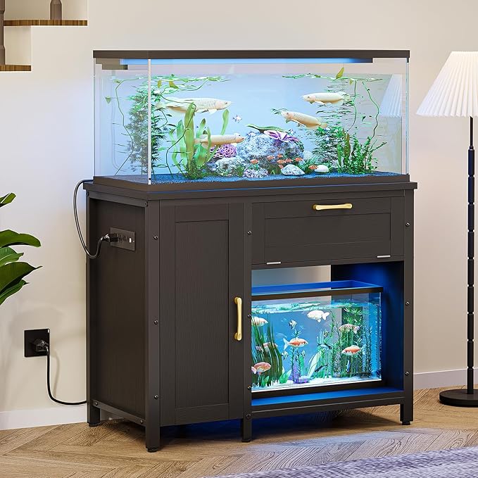Bestier 40-50 Gallon Fish Tank Stand with Power Outlet&LED Light, 37x18 Heavy-Duty Metal Aquarium Stand with Cabinet&Drawer for Accessories Storage, Suit for Reptile/Turtle Terrarium,660Lbs Capacity-PawvioPets