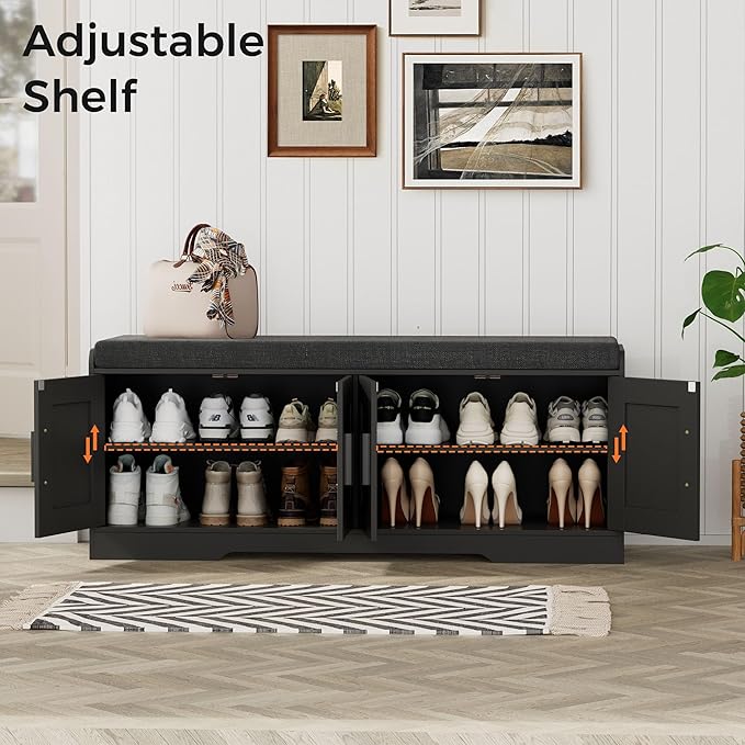 2-Tier Storage Bench, Shoe Bench with Thickened Padded Seat Cushion, Entryway Bench with 4 Doors, Adjustable Shelf, 13.8" D x 45.3" W x 18.5" H, for Entryway, Living Room, Bedroom, Black-PawvioPets