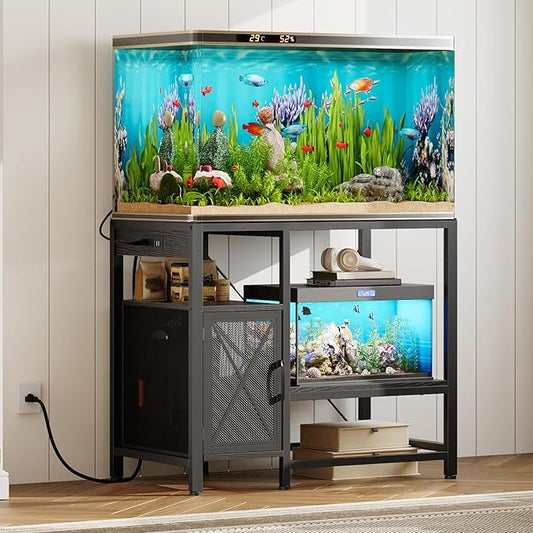 40-50 Gallon Fish Tank Stand, Aquarium Stand with Power Outlet and Storage Cabinet, Heavy Duty Tank Stand Suitable for Turtle Tank, Reptile Terrarium, for Home Office, Black FTBK50E01-PawvioPets