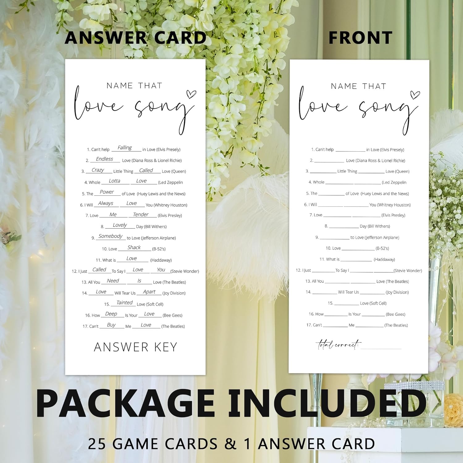 Bridal Shower Games, Name that Love Song, 25Pcs 4x9inch Minimalist White Double-Sided Bridal Game Cards with 1 Answer Key, Wedding Shower Games for Guests, Engagement Bachelorette Party Supplies - A06