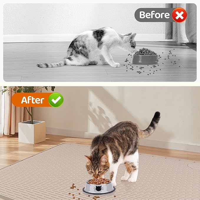 Cat Food Mat, 40" x 28" Extra Large Silicone Pet Feeding Mat with Raised Edge Pet Placemat for Food and Water Bowl Non-Slip, Easy to Clean, Floor Protection (Khaki)-PawvioPets