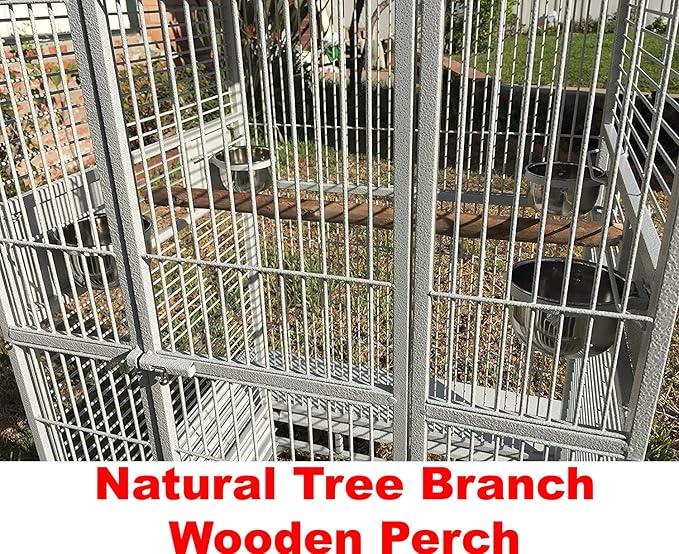 Extra Large Double Ladders Open Play Top Wrought Iron Bird Parrot Parttot Finch Macaw Cockatoo Cage, Include Seed Guard and Toy Hook (32" x 23" x 66"H White Vein)-PawvioPets