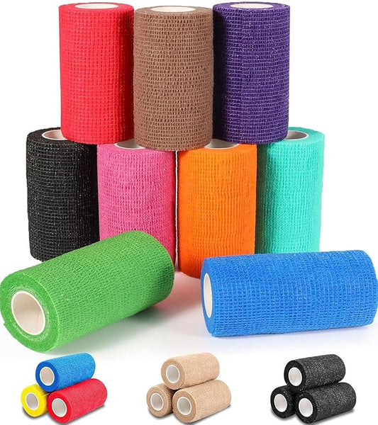 AZEN 9 Pack Self Adhesive Bandage Wrap, 4" X 5 Yards Elastic Cohesive Bandage Wrap, Color Athletic Tape, Tattoo Grip Tape Wrap, Vet Wrap, Ankle Tape-PawvioPets