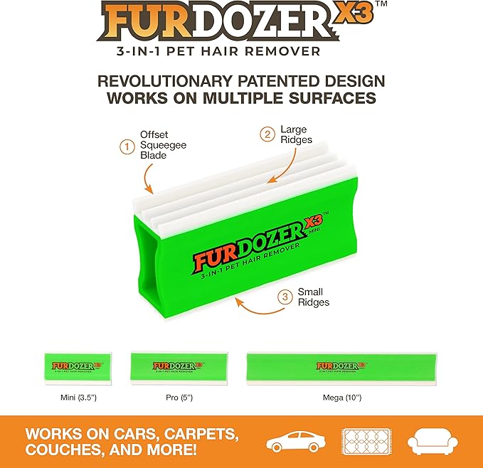 FurDozer X3 MINI Pet Hair Remover & Auto Detailing Tool - Cat & Dog Hair Remover for Carpets, Car Interiors, Couches, Bedding, & Pet Furniture - Reusable Pet Hair Removal Tool for Dog Fur & Lint, 3.5"-PawvioPets