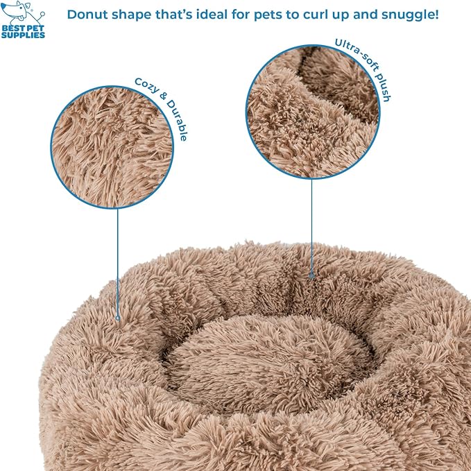Best Pet Supplies Round Donut Dog Bed with Plush Faux Fur Fabric, Calming, Anti-Anxiety Cushion for Indoor Pets, Slip-Resistant Base, Soft Ergonomic Support - Caramel, 24x24x7''-PawvioPets