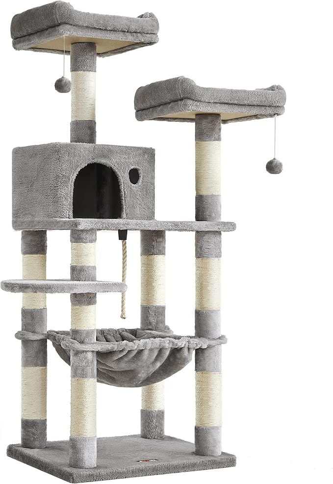 FEANDREA Cat Tree, Cat Tower for Indoor Cats, 56.3-Inch Cat Condo with Scratching Posts, Hammock, Plush Perch, Light Gray UPCT15W-PawvioPets