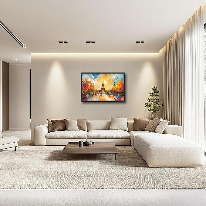 Framed Large Eiffel Tower Wall Art for Living Room, Oversized Paris City Street Landscape Wall Decor, Colorful Sunrise Canvas Painting Modern Artwork for Living Room Bedroom Office 36"x24"-PawvioPets