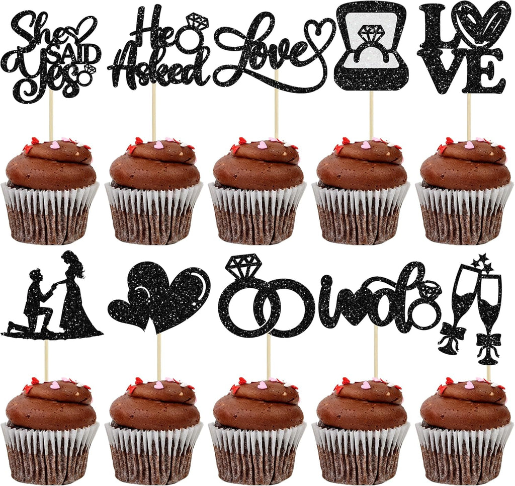 Ephlyn 30Pcs He Asked She Said Yes Cupcake Toppers Glitter Engagement Cupcake Toppers Diamond Ring Heart Love I Do Cupcake Picks for Engagement Wedding Party Cake Decorations Black