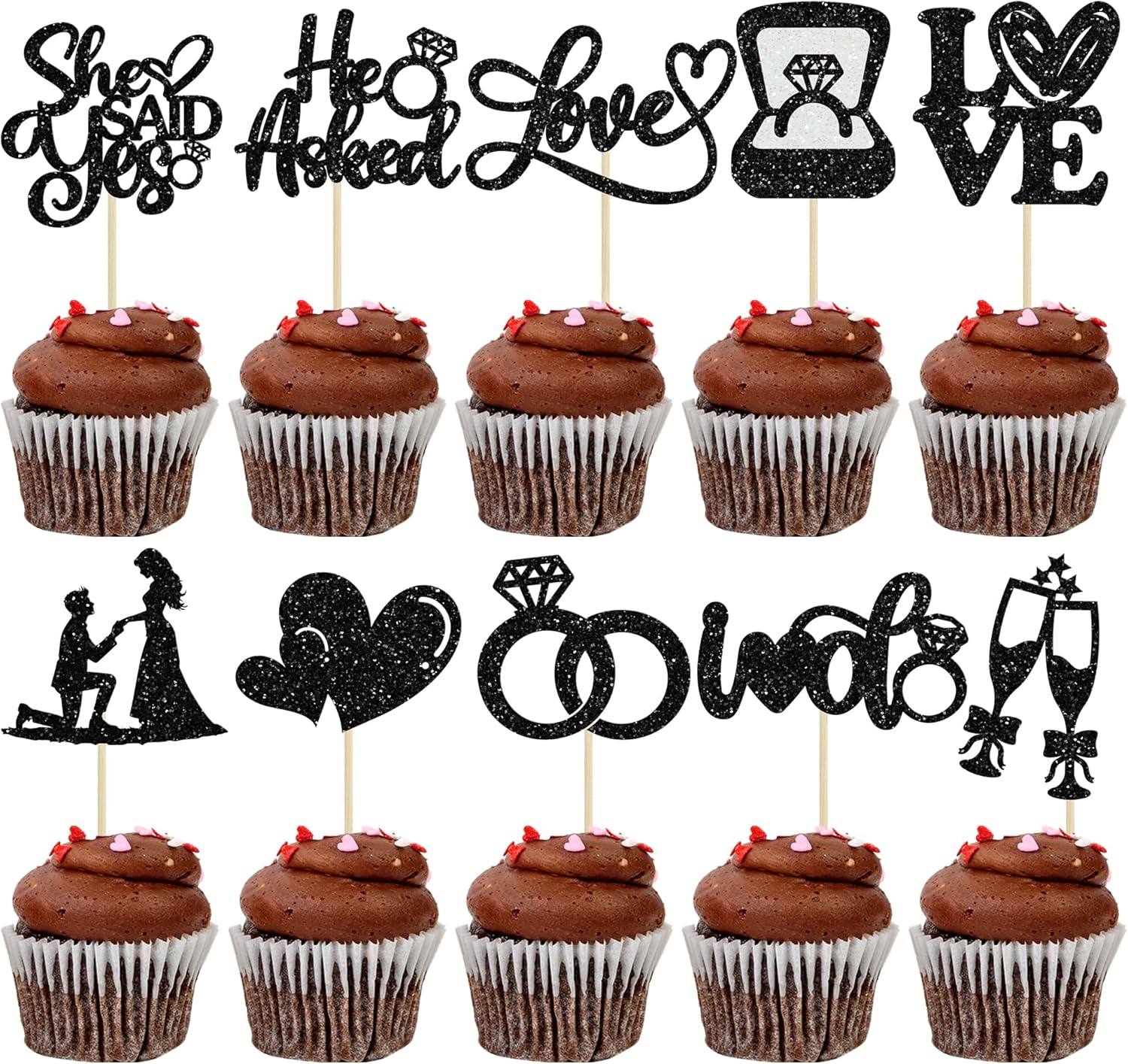Ephlyn 30Pcs He Asked She Said Yes Cupcake Toppers Glitter Engagement Cupcake Toppers Diamond Ring Heart Love I Do Cupcake Picks for Engagement Wedding Party Cake Decorations Black