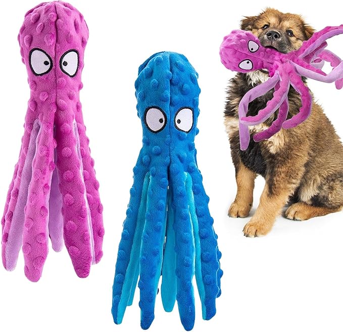 Alphatool Squeaky Dog Toys - 2pcs Soft Plush Chew Crinkle Puppy Toys to Keep Them Busy, Octopus No Stuffing Interactive Essentials for Teething Small Medium Pets Dogs Gifts-PawvioPets