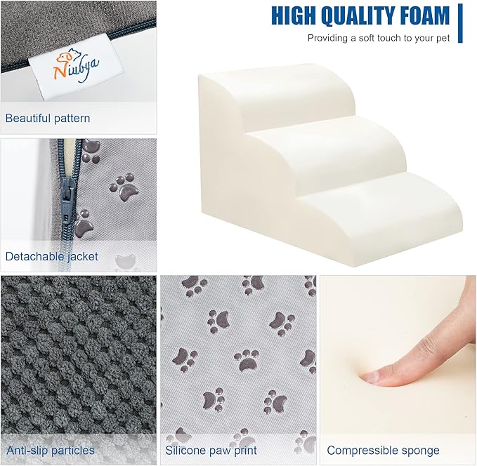 Dog Stairs for Small Dogs - High Density Foam Dog Ramp, Extra Wide Pet Steps with Non-Slip Bottom for High Beds, Couche and Sofa, Best for Dogs Injured, Older Doggy Cats (Grey, 3 Steps)-PawvioPets