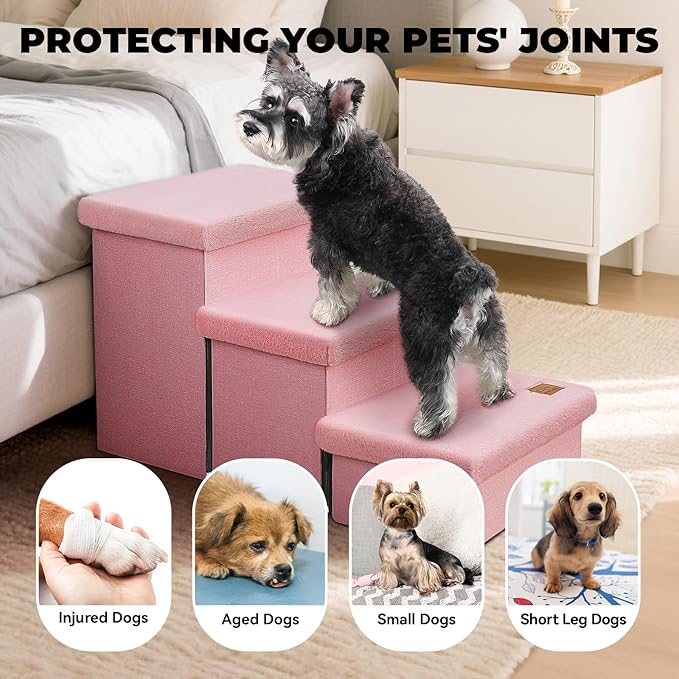 Dog Stairs with Furry Lids 18" H, 3-Step Wider Dog Steps with Storage for Small/Medium/Large Dogs Cats, Folding Sturdy Pet Stairs Climbing Bed or Sofa, Ramp for Car Hold Up to 200 lbs, Pink-PawvioPets