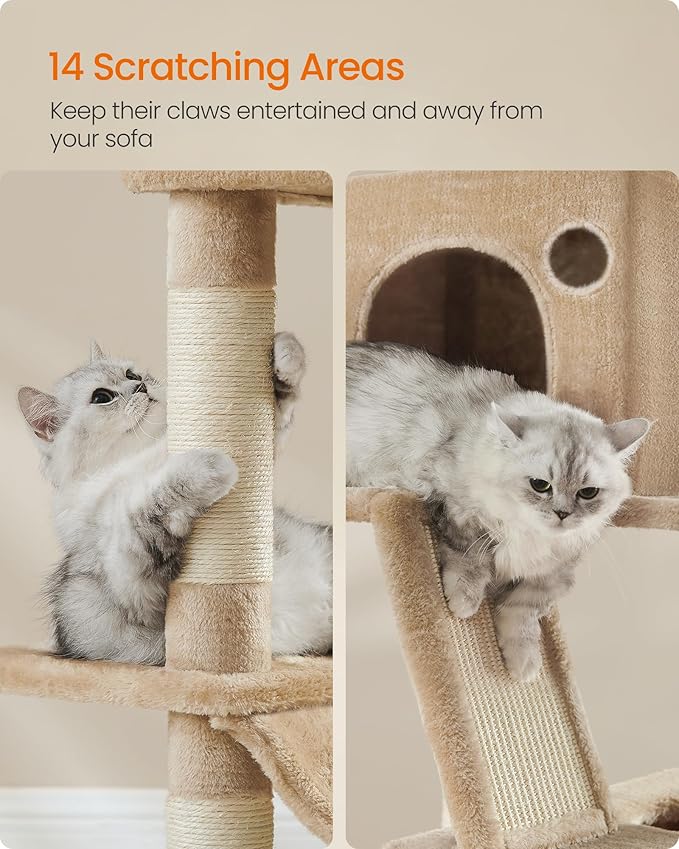 Feandrea Cat Tree, 81.1-Inch Large Cat Tower with 13 Scratching Posts, 2 Perches, 2 Caves, Basket, Hammock, Pompoms, Multi-Level Plush Cat Condo for Indoor Cats, Camel Brown UPCT190K01-PawvioPets