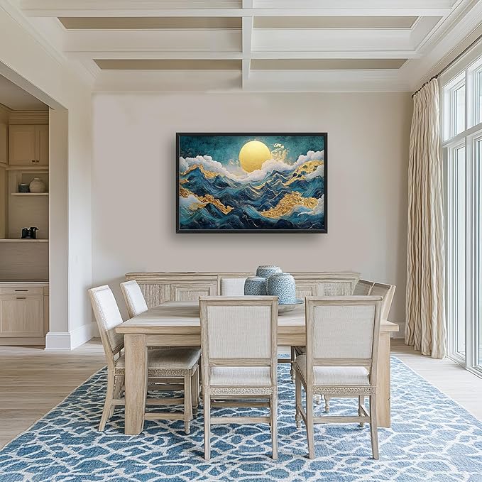 Framed Large Sun Mountain Wall Art, Oversized Teal and Golden Sun Wall Decor for Living Room, Abstract Landscape Canvas Painting Modern Artwork Home Decoration for Living Room Bedroom 36"x24"-PawvioPets