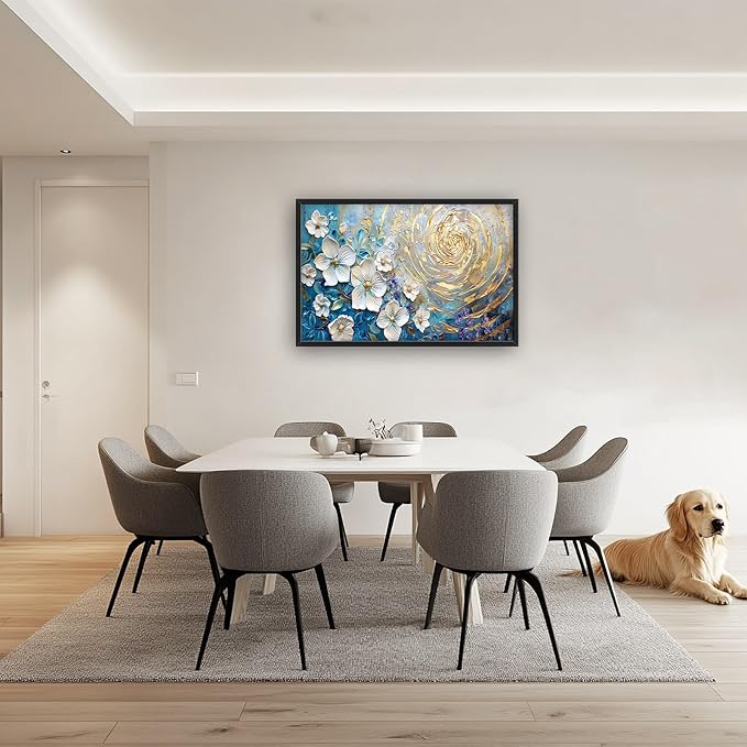 Flower Large Wall Art White Floral Pictures Abstract Golden Spiral Texture Wall Decor Canvas Print Painting Artwork for Bathroom Living Room Bedroom 36L" x 24W"-PawvioPets