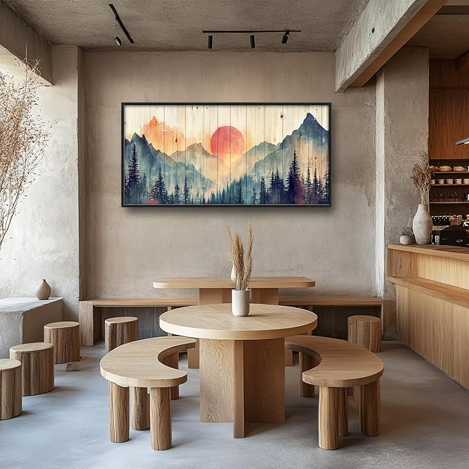 Framed Large Cabin Mountain Wall Art for Living Room, Oversized Rustic Forest Wall Decor, Rustic Nature Landscape Canvas Painting Sunset Pictures Home Decoration for Bedroom Office 60"x30"-PawvioPets