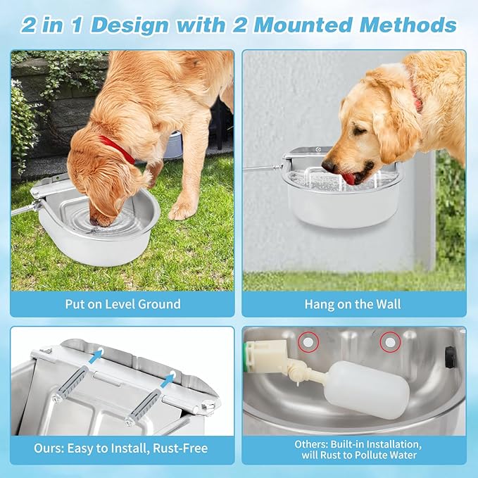 FHTONGE 304 Stainless Steel Automatic Dog Water Bowl Dispenser with Drainage and Float Valves, Large Auto Fill Dog Waterer for Outdoor Big Dogs Livestock Poultry Horse Cow Goat Pig Chicken Duck Rabbit-PawvioPets