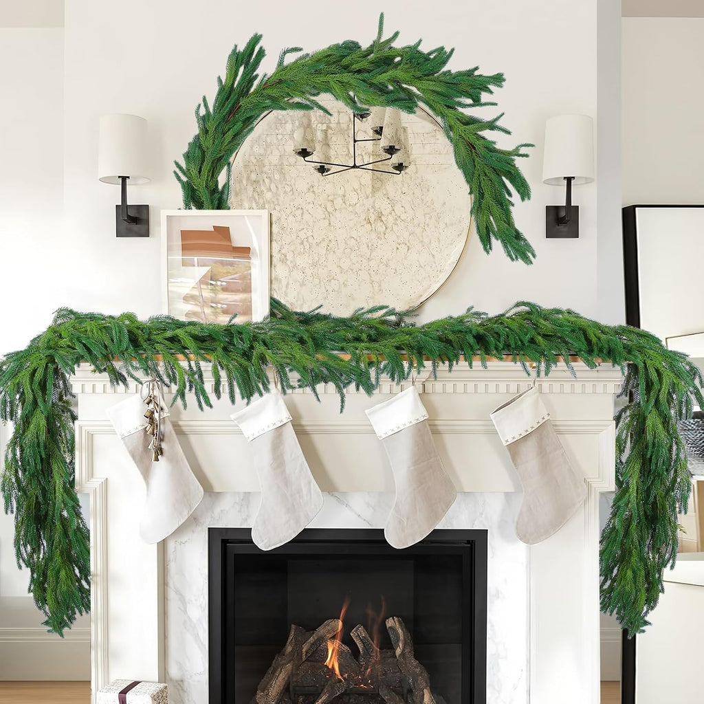 Hananona 4 Pcs 6 Ft Artificial Norfolk Pine Garlands, Realistic Pine Garland, Green Artificial Greenery Garland for Table, Mantle, Wall, Indoor, Outdoor Winter Christmas Decorations (4, 6 FT)
