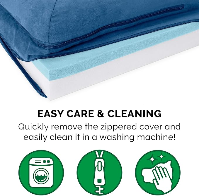 Furhaven Cooling Gel Dog Bed for Large Dogs w/ Removable Bolsters & Washable Cover, For Dogs Up to 125 lbs - Two-Tone Plush Faux Fur & Suede L Shaped Chaise - Marine Blue, Jumbo Plus/XXL-PawvioPets