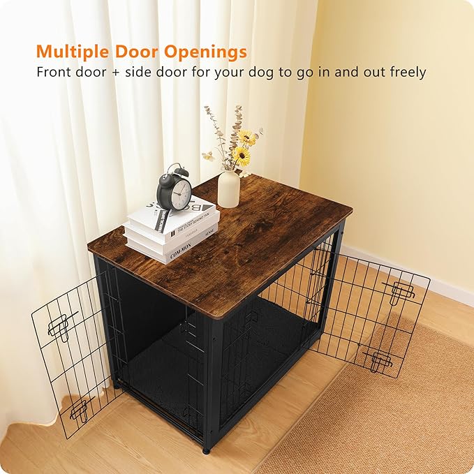 DWANTON Dog Crate Furniture with Cushion, Wooden Kennel Table with Double Doors, Indoor Dog House, Medium Size, 32.5" L, Black+Rustic Brown-PawvioPets