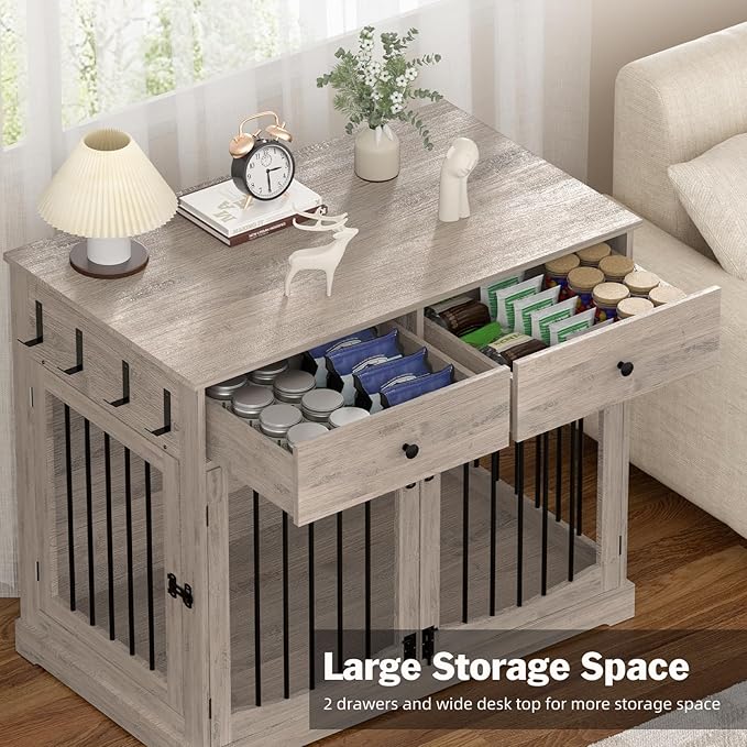 40 Inch Furniture-Style Dog Crate-Multipurpose Wood Pet Crate Furniture with Double Doors,2 Drawers, Decorative Dog House Indoor for Smal/Medium Dogs, Gray Finish-PawvioPets
