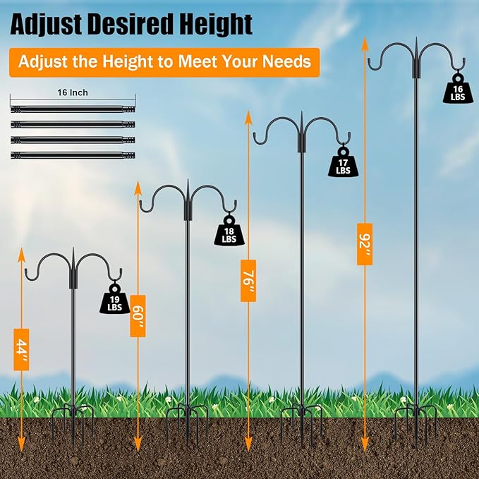 FEED GARDEN Adjustable Double Shepherds Hook for Outdoor with 5 Prong Base 92 Inch Heavy Duty Two Sided Bird Feeder Pole for Hanging Plant Baskets, Solar Light Lanterns, Wind Chimes-PawvioPets