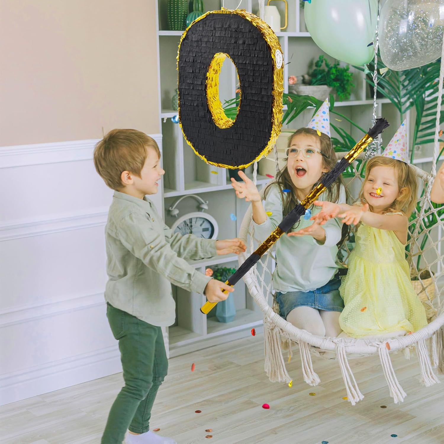 PCFING 20 Inch Number 0 Piñata Gold Black with 30 Inch Piñata Stick Blindfold Confetti for Man Women Boys Girls Birthday Party Decorations, Anniversary Celebration, Fiesta