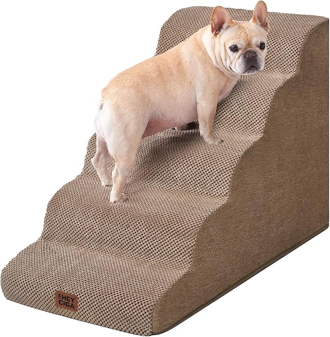 EHEYCIGA Curved Dog Stairs Ramp for High Beds, 5-Step Extra Wide Dog Steps for Small Dogs and Cats, Pet Stairs for High Bed Climbing, Non-Slip Balanced Pet Step Indoor, Camel-PawvioPets