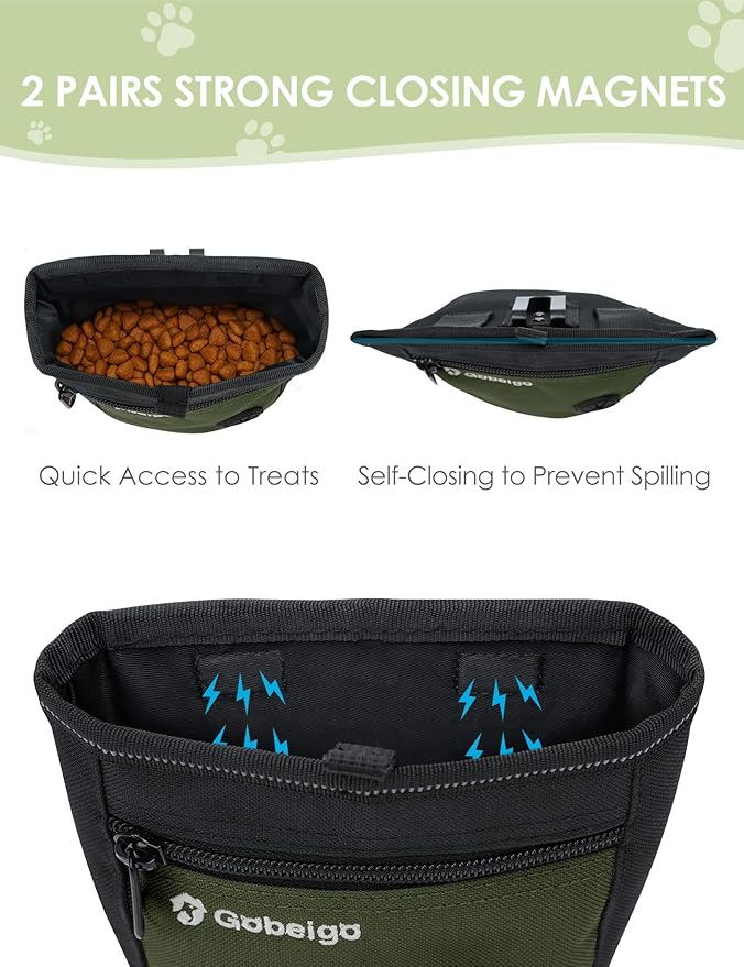 Gobeigo Dog Treat Pouch and Training Clicker, Upgrade Two Magnetic Closure to Prevent Spills, 2 Cup Treat Bag with Poop Bag Dispenser, Metal Clip Waist Belt Fanny Pack for Pet Walk (Black/Army Green)-PawvioPets