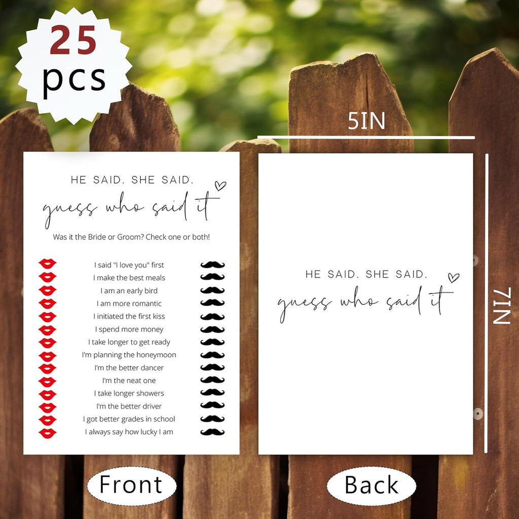 Bridal Shower Games, He Said She Said, 25Pcs Minimalist White Double-Sided Bridal Game Cards, Wedding Shower Games for Guests, Engagement Bachelorette Party Supplies - A12