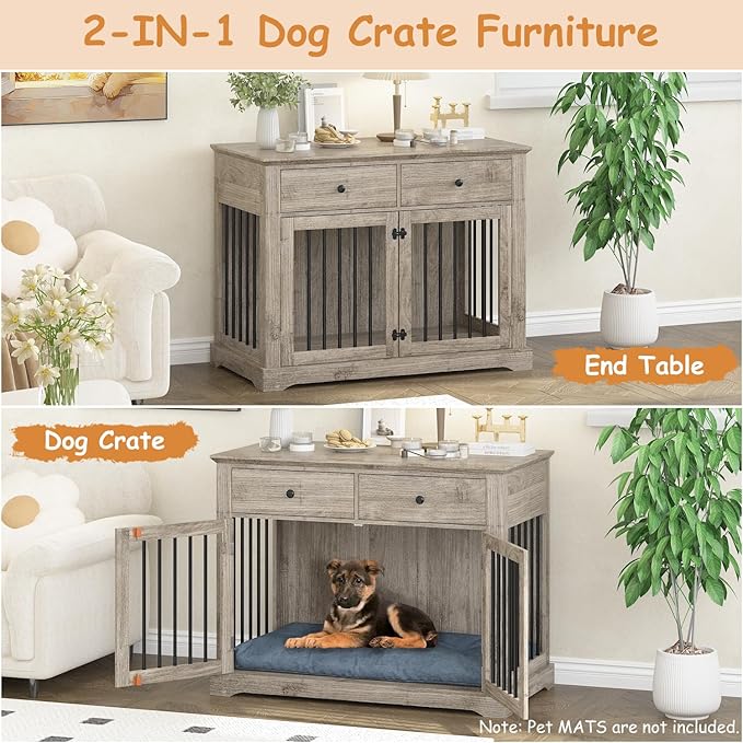Dog Crate Furniture, 44 Inch Wooden Dog Kennel Indoor with 2 Storage Drawers, Heavy Duty Large Crate Furniture, Decorative End Table Cage Furniture for Small/Medium/Large (Grey)-PawvioPets