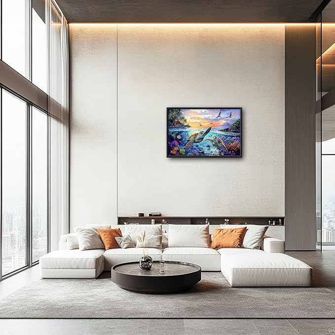 Framed Large Sea Turtle Wall Art for Living Room, Oversized Ocean Turtle Wall Decor Seascape Underwater Marine Life Canvas Painting Home Decoration for Living Room Bedroom Office 36"x24"-PawvioPets