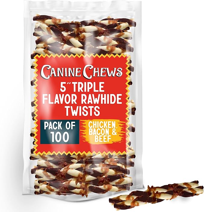 Canine Chews 5" Triple Flavor Rawhide Stick Twists for Small Dogs Dog Treat Dental Stick Chicken, Pork, Beef Flavor Chew Toy (100 Pack)-PawvioPets