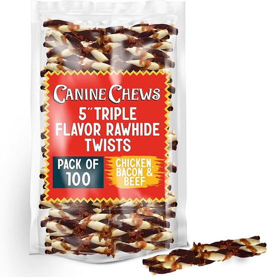 Canine Chews 5" Triple Flavor Rawhide Stick Twists for Small Dogs Dog Treat Dental Stick Chicken, Pork, Beef Flavor Chew Toy (100 Pack)-PawvioPets