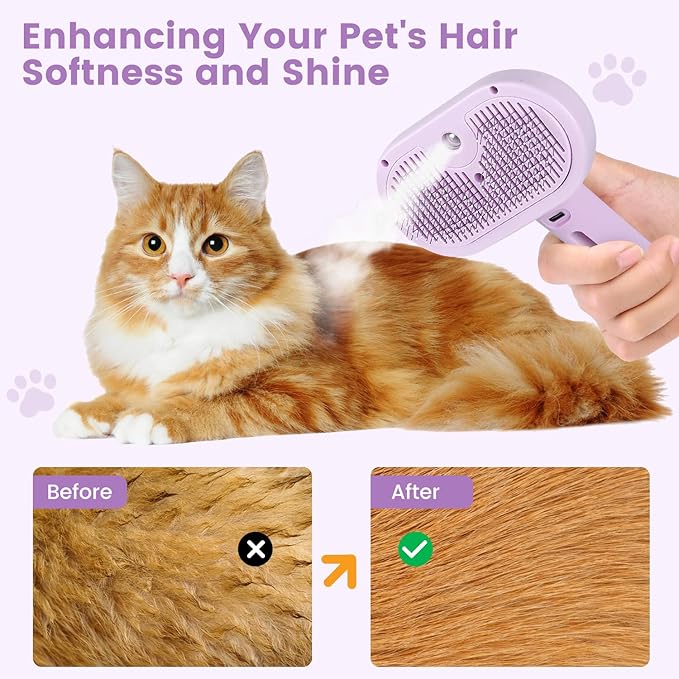 3 in 1 Cat Steam Brush, Pet Spray Hair Removal Comb for Shedding & Grooming, Water Brush for Cats Dogs Small Animals Long Short Haired with One-Click Release Button(Purple)-PawvioPets