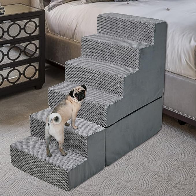 Dog Steps for High Beds 30-32" H - 6-Step Dog Stairs for Small Dogs, 33D Foam Pet Steps for High Bed with Non-Slip Bottom and Washable Cover, Dogs Ramp for Bed Indoor, Grey-PawvioPets