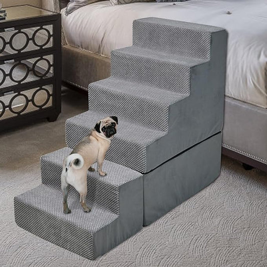 Dog Steps for High Beds 30-32" H - 6-Step Dog Stairs for Small Dogs, 33D Foam Pet Steps for High Bed with Non-Slip Bottom and Washable Cover, Dogs Ramp for Bed Indoor, Grey-PawvioPets