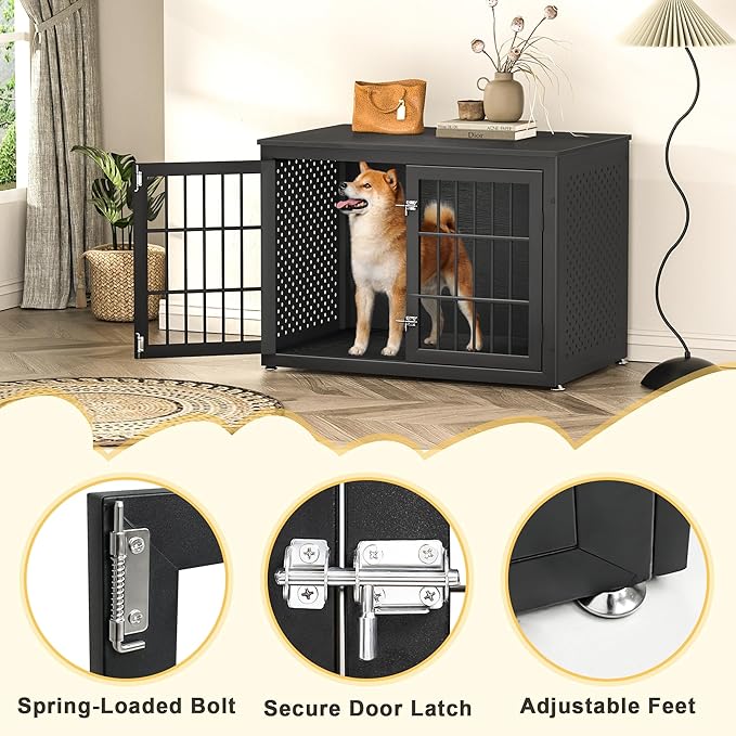 38" Heavy Duty Dog Crate Furniture for Large and Medium Dogs,Wooden Metal Kennel for High Anxiety Dogs, Chew Proof Pet Cage Indoor, Decorative Dog Kennel End Table-PawvioPets