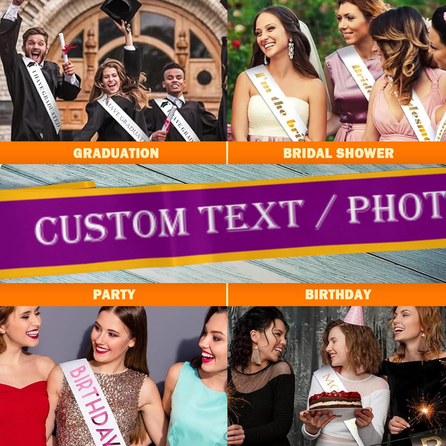 Custom Sash,Personalized Birthday Sash with Text Photo,Customized Bachelorette Sash Quote Sash Bride to Be Sash Color Optional (With decorative edge, Dark Purple)