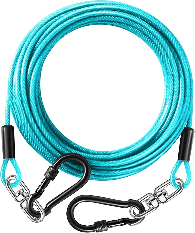 Dog Tie Out Cable 10FT-500Lbs,Heavy Duty Dog Leads&Tether for Yard with Swivel Hook,Small Large Dogs Leash Line for Outside,Rust Chew Proof Dogs Run Cable for Outdoor Camping(Teal, 10FT)-PawvioPets