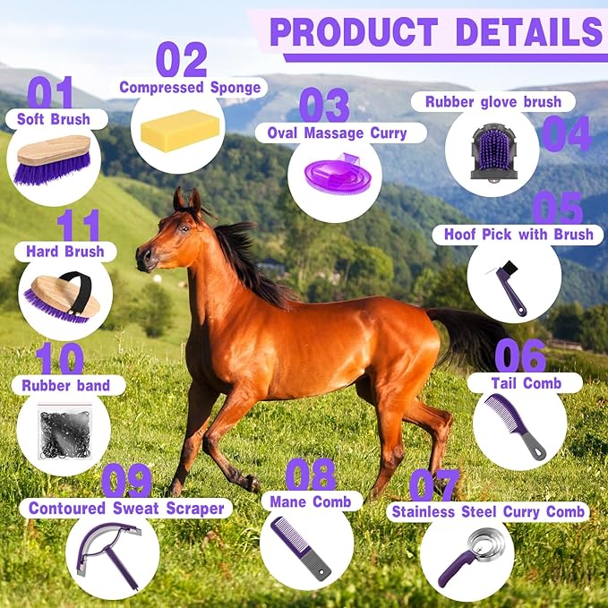 Abbylike 12 Pieces Horse Grooming Kit Racing Festival Tack Room Supplies Horse Brush Sets Equine Care Cleaning Kit Shedding Grooming Massaging Tools(Gray and Purple)-PawvioPets