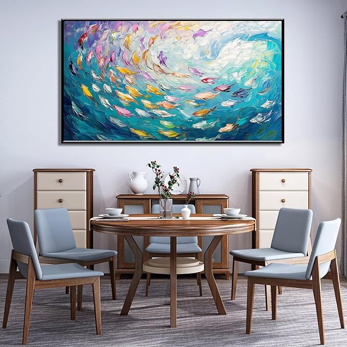 Fish Canvas Wall Art, Abstract School of Fish Canvas Wall Art, School of Fish Painting Canvas, School of Fish Wall Art, Fish Wall Decor, Fish Pictures Wall Decor, Bedroom Canvas Wall Decor (Black Framed, 23"x13" | 60x35cm)-PawvioPets