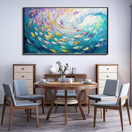Fish Canvas Wall Art, Abstract School of Fish Canvas Wall Art, School of Fish Painting Canvas, School of Fish Wall Art, Fish Wall Decor, Fish Pictures Wall Decor, Bedroom Canvas Wall Decor (Black Framed, 23"x13" | 60x35cm)-PawvioPets
