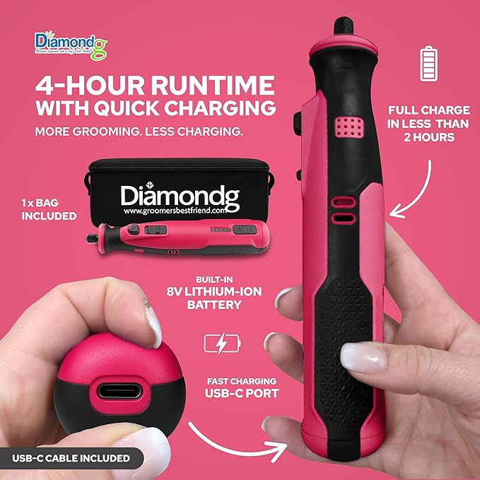 Diamondg Cordless Dog Nail Grinder with Quiet Sound & LED Tip for Large & Small Dogs, 4hrs. Runtime - Electric Dog Nail Trimmer, Heavy Duty Rotary Tool Alternative to Toenail Clippers & Filers-PawvioPets