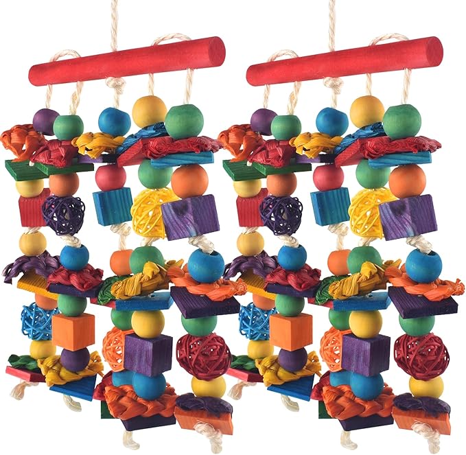 Bird Toys, 2PCS Parrot Foraging Hanging Toy, Multicolored Natural Wooden Blocks Parakeet Chewing Toys mit Rattan Wicker Balls, for Medium Small Cockatoos Budgie Lovebird Cockatiel Conure-PawvioPets