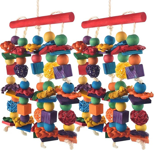 Bird Toys, 2PCS Parrot Foraging Hanging Toy, Multicolored Natural Wooden Blocks Parakeet Chewing Toys mit Rattan Wicker Balls, for Medium Small Cockatoos Budgie Lovebird Cockatiel Conure-PawvioPets