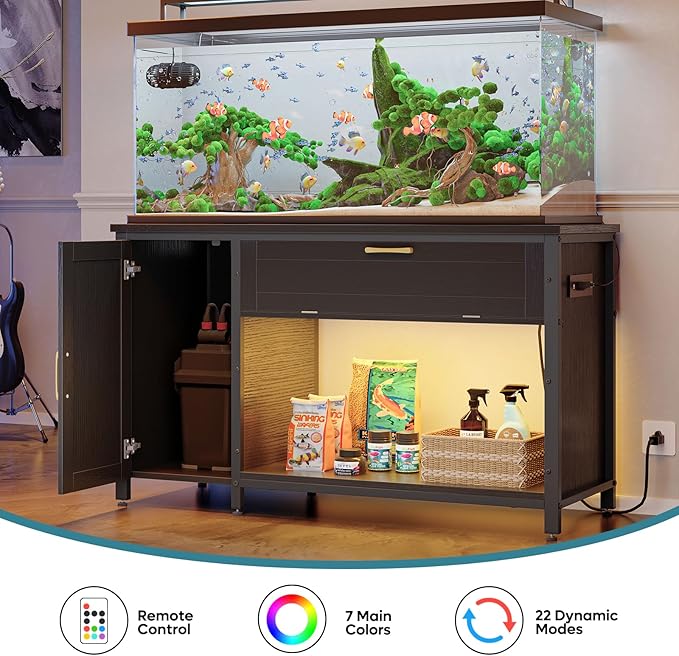Bestier 55-75 Gallon Fish Tank Stand with Power Outlet&LED Light, 49x19 Heavy-Duty Metal Aquarium Stand with Cabinet&Drawer for Accessories Storage, Suit for Reptile/Turtle Terrarium, 726Lbs Capacity-PawvioPets