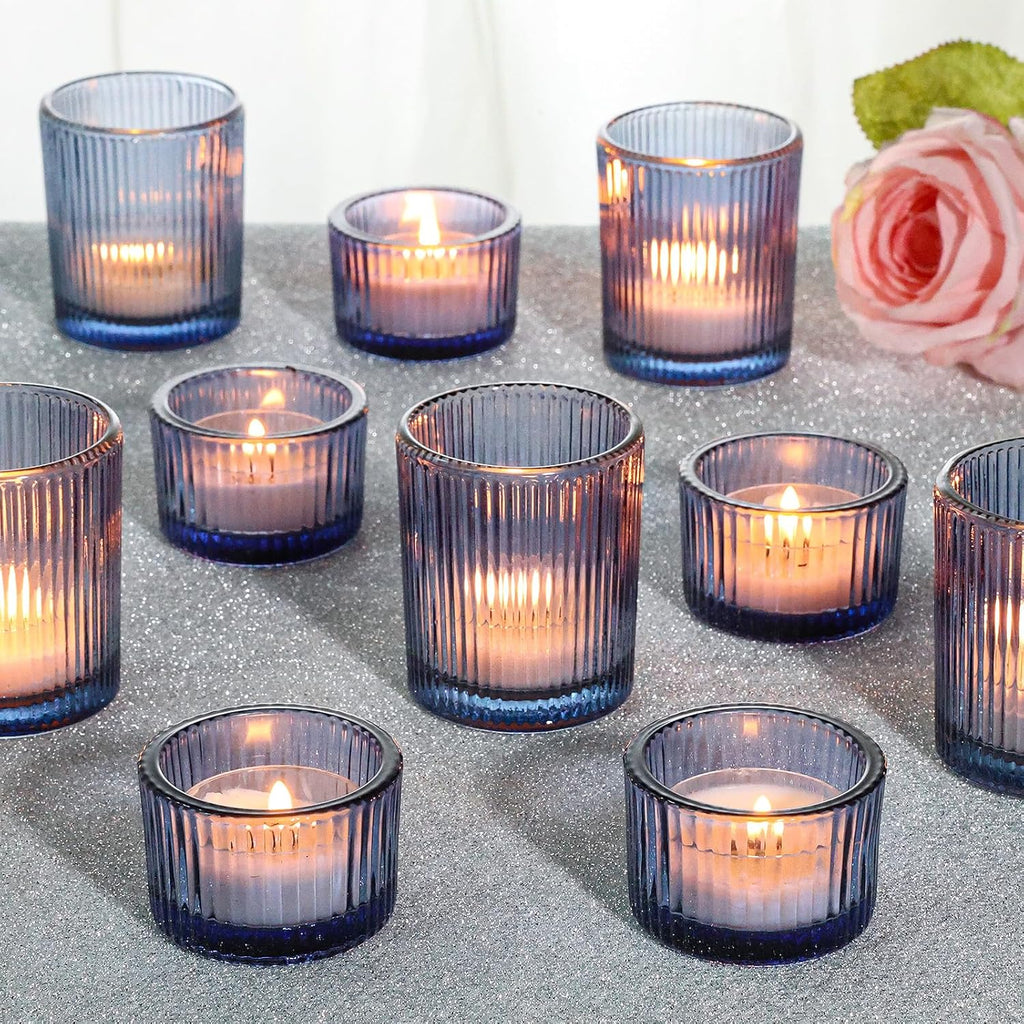 24 Pcs Ribbed Votive Candle Holders, Dark Blue Glass Holders Bulk for Table Centerpiece, Tealight Holders Glass for Wedding Shower, Party and Home Decor
