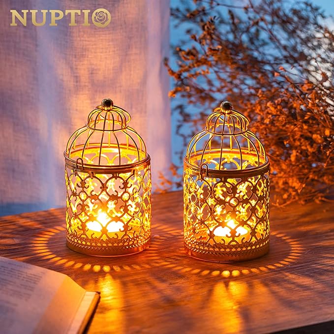 2 Pcs Small Metal Tealight Hanging Birdcage Lantern, Vintage Decorative Centerpieces of Wedding, Party, Gold-PawvioPets
