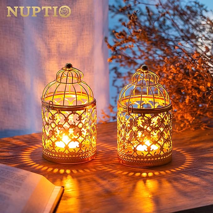 6 Pcs Small Metal Tealight Hanging Birdcage Lantern, Vintage Decorative Centerpieces of Wedding, Party, Gold-PawvioPets